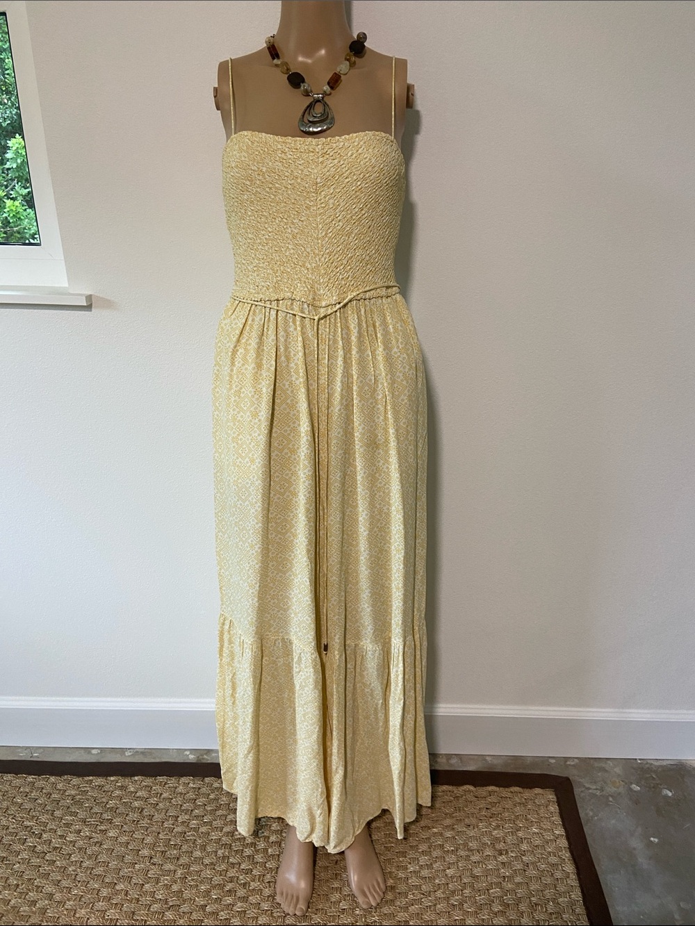 Free People Light Yellow Smocked Wide Leg Jumpsuit